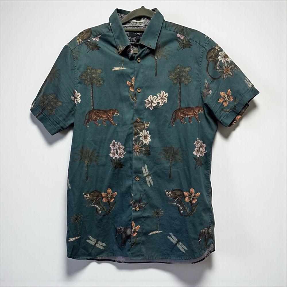 Ted Baker Teal Animal Jungle Novelty Print Floral Button Down Shirt - Picture 3 of 7